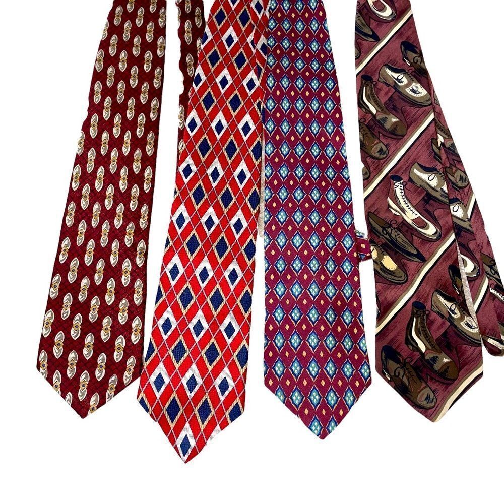 Set of 4 Men's Kenneth Cole silk neck ties in deep red color scheme no flaws
